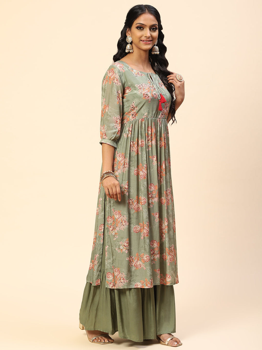 Floral Printed Muslin Kurta With Sharara