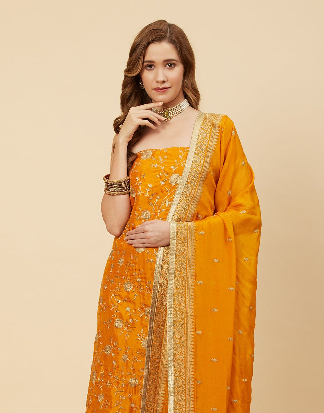 Embroidered Art Handloom Dupion Suit Piece With Chinon Embroidered Dupatta