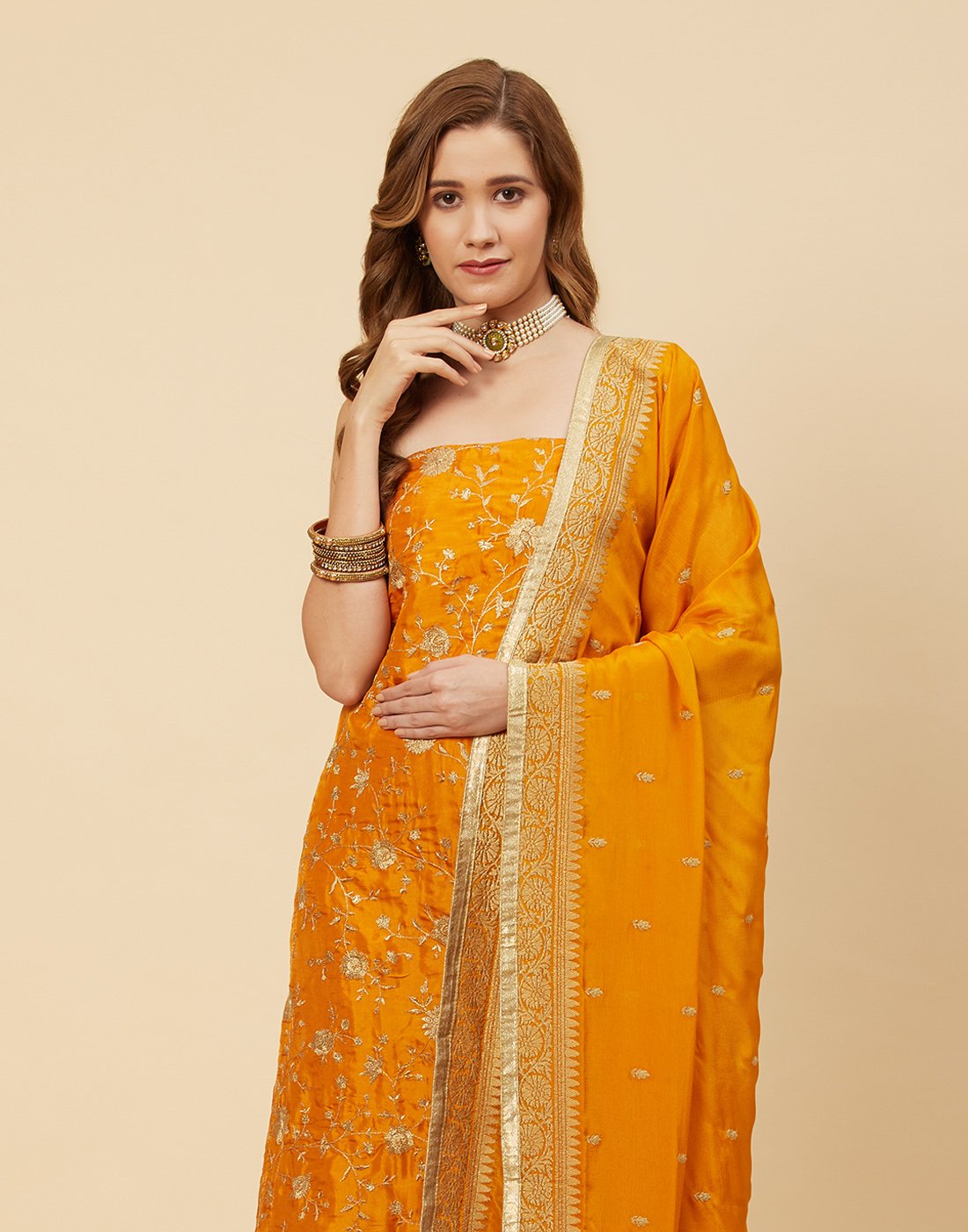 Embroidered Art Handloom Dupion Suit Piece With Chinon Embroidered Dupatta