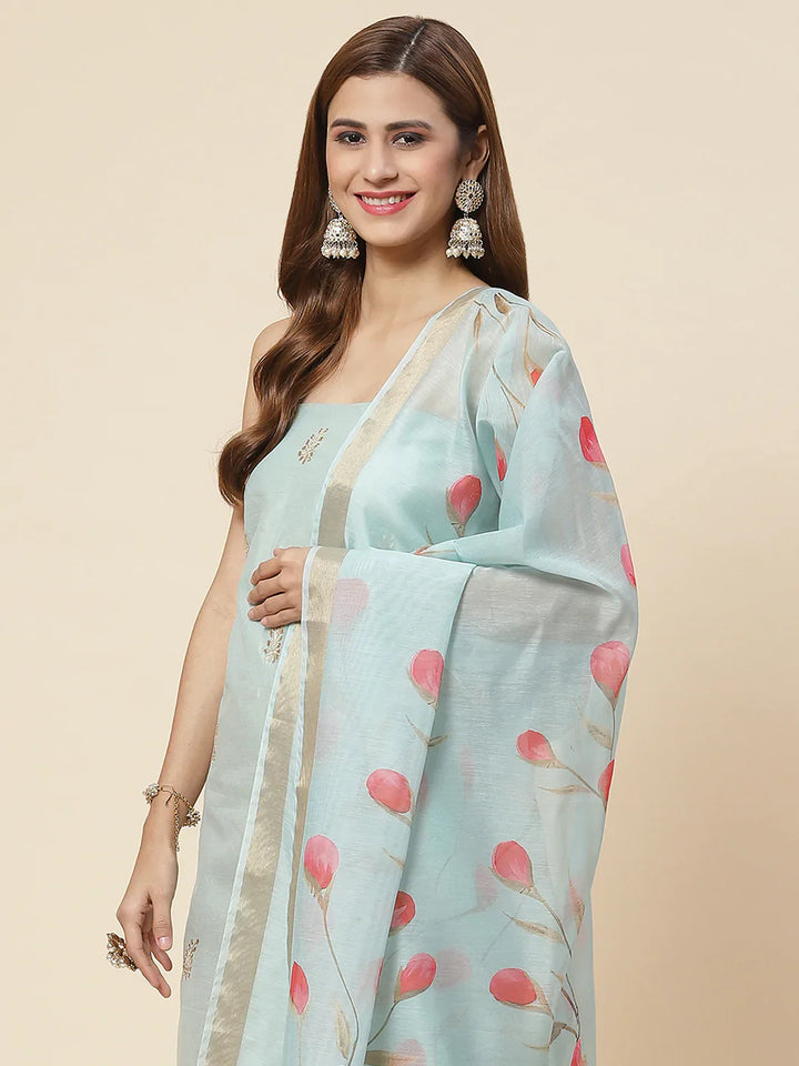 Embroidered Chanderi Unstitched Suit Piece With Floral Dupatta