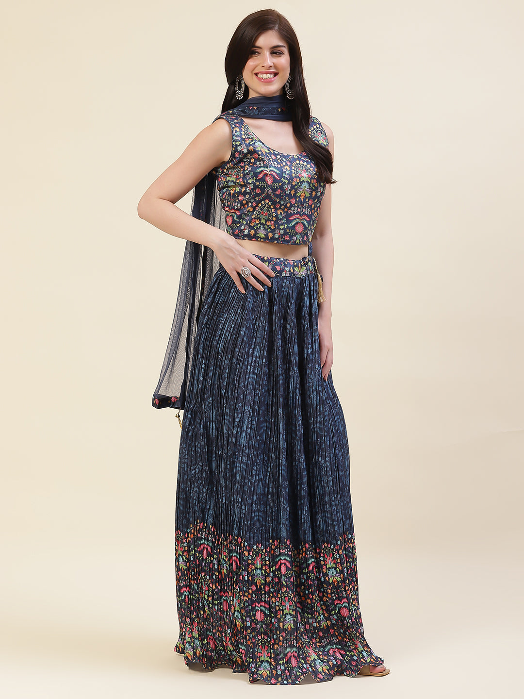 Floral Printed Crepe Choli With Lehenga &amp; Dupatta