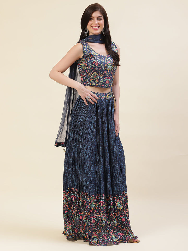 Floral Printed Crepe Choli With Lehenga &amp; Dupatta