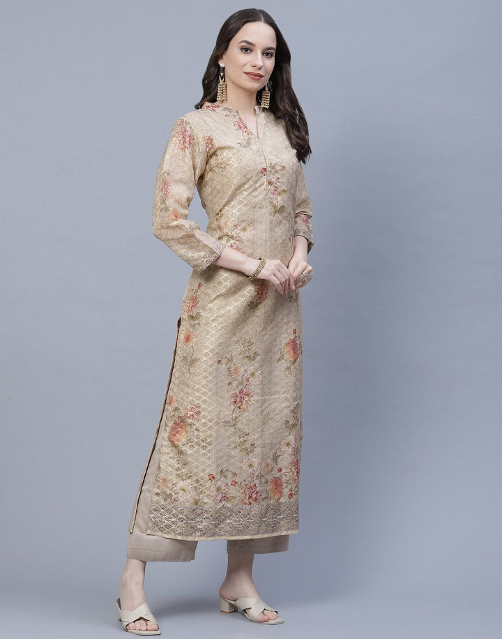 Chanderi Floral Printed Kurti Pant Set
