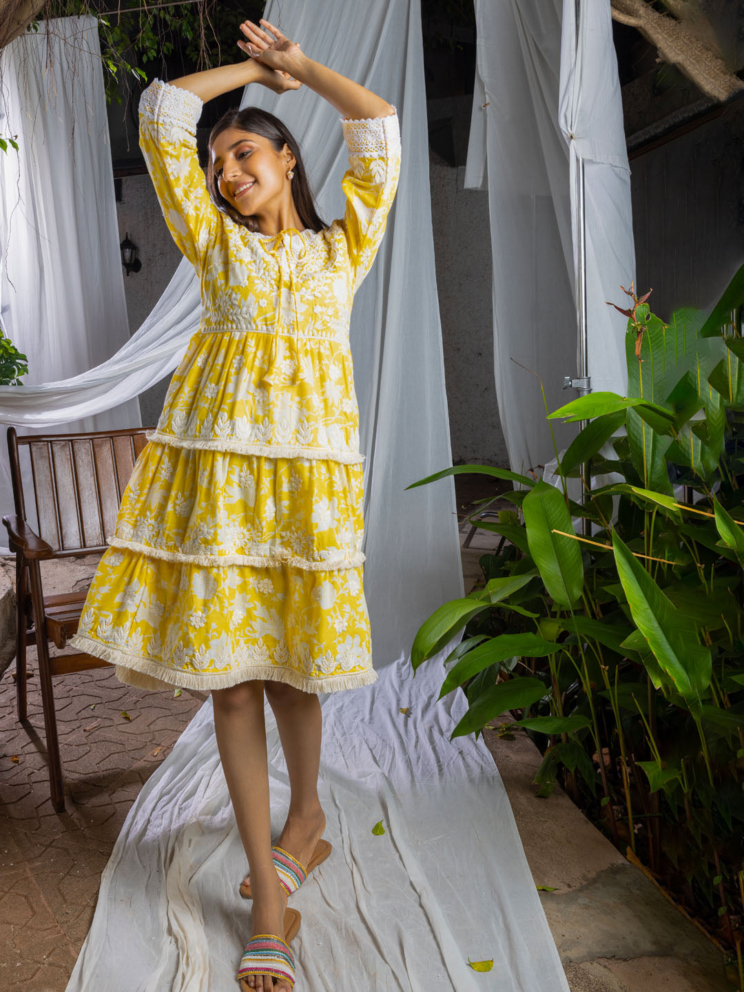Floral Printed &amp; Embroidered Cotton Dress