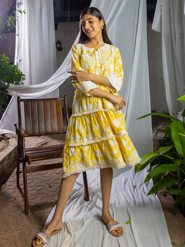 Floral Printed &amp; Embroidered Cotton Dress