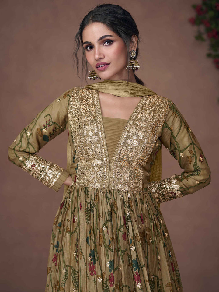 Floral Printed Organza Suit Set With Dupatta &amp; Churidar