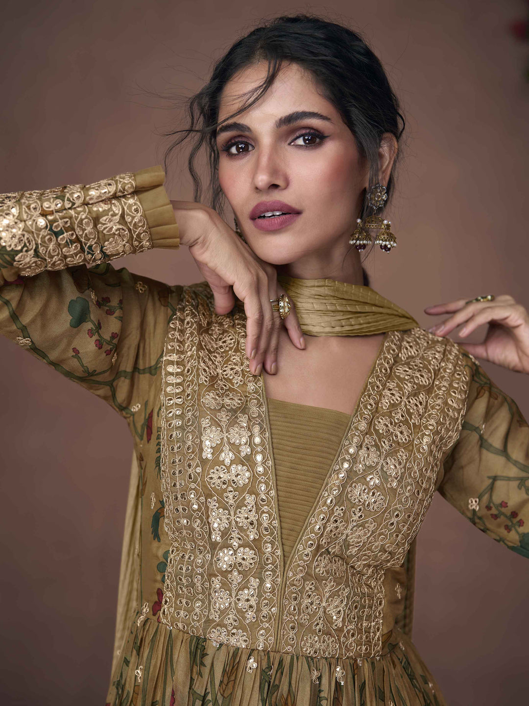 Floral Printed Organza Suit Set With Dupatta &amp; Churidar