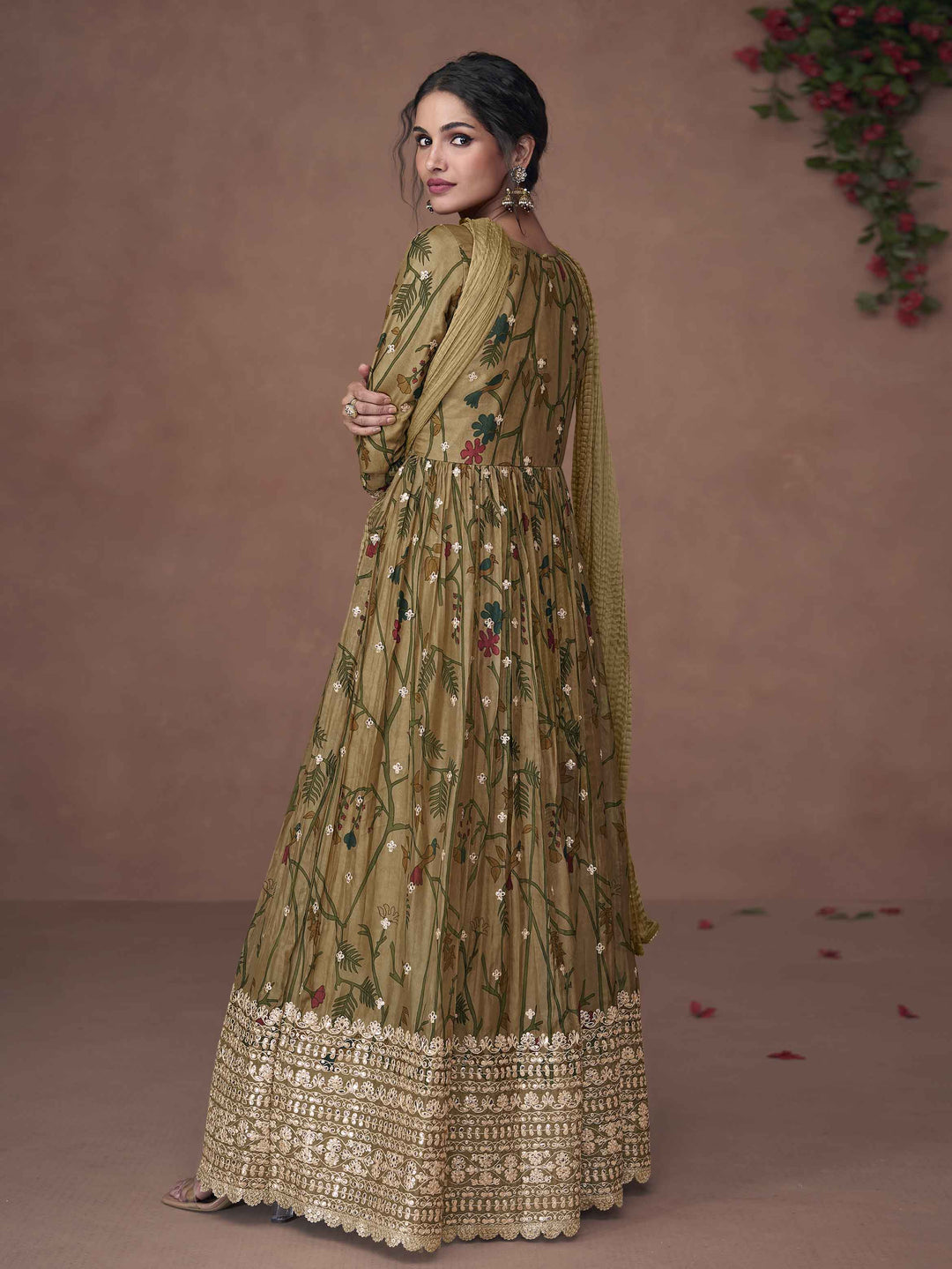 Floral Printed Organza Suit Set With Dupatta &amp; Churidar
