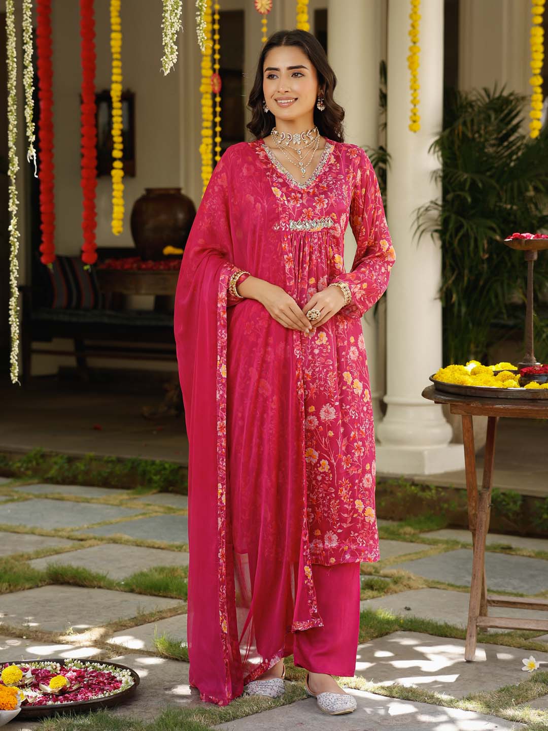 Floral Printed Cotton Kurta With Pants & Dupatta