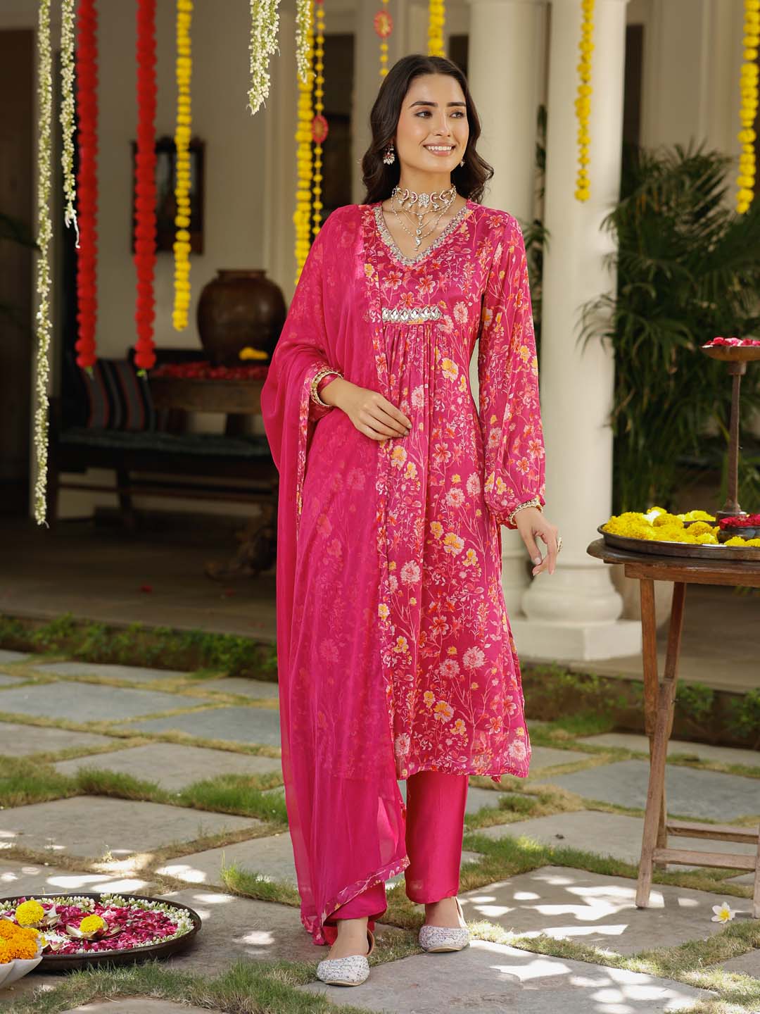 Floral Printed Cotton Kurta With Pants &amp; Dupatta