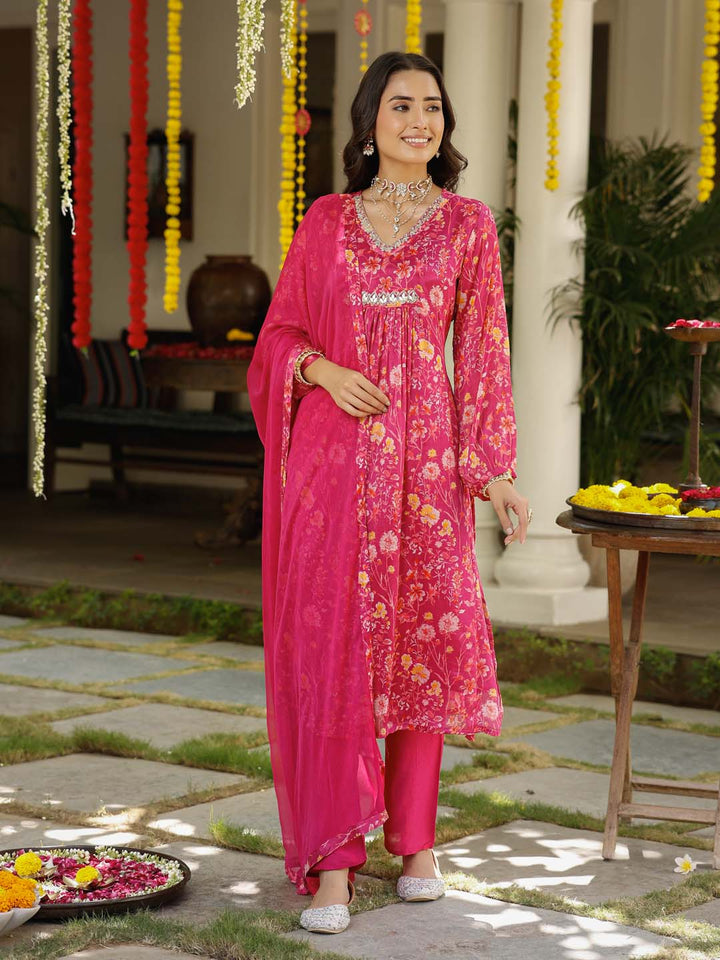 Floral Printed Cotton Kurta With Pants &amp; Dupatta