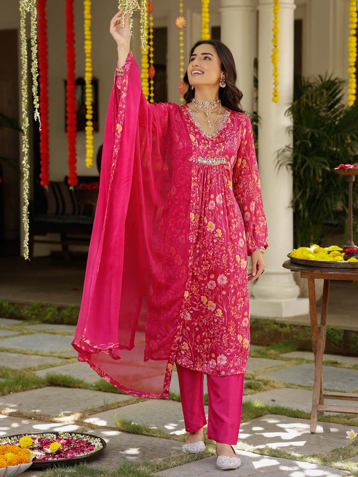 Floral Printed Cotton Kurta With Pants &amp; Dupatta