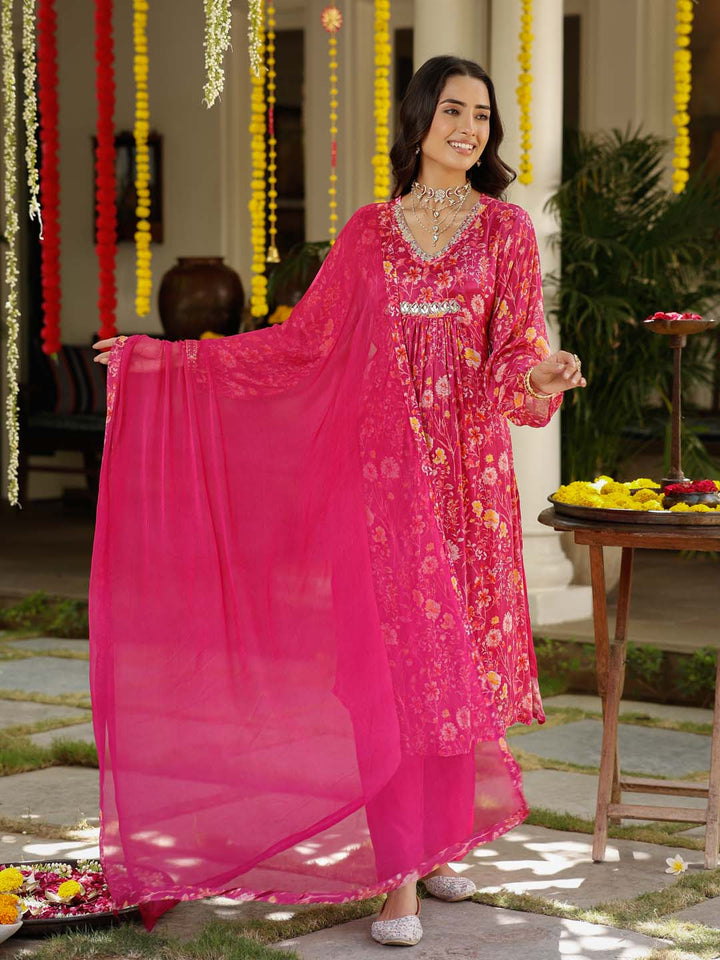 Floral Printed Cotton Kurta With Pants &amp; Dupatta