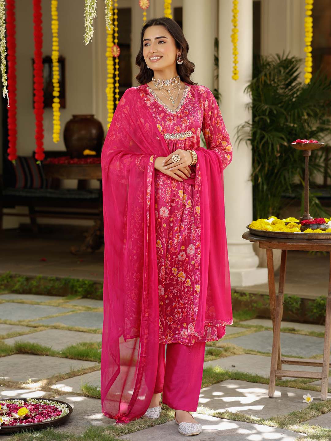Floral Printed Cotton Kurta With Pants &amp; Dupatta