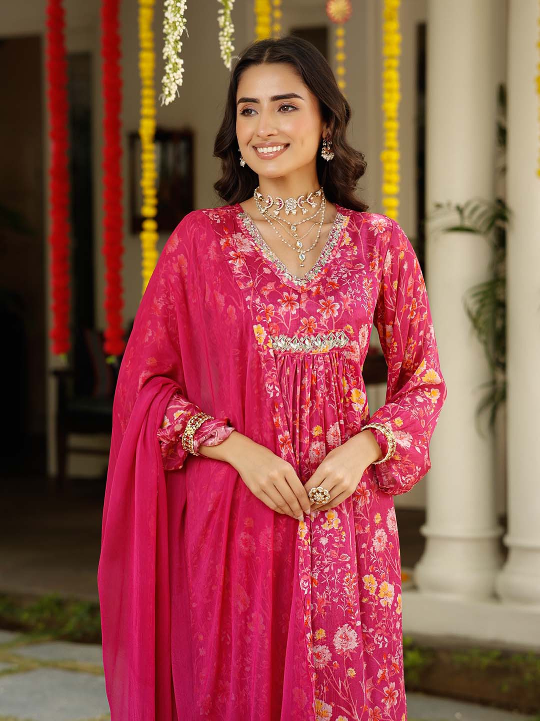 Floral Printed Cotton Kurta With Pants &amp; Dupatta