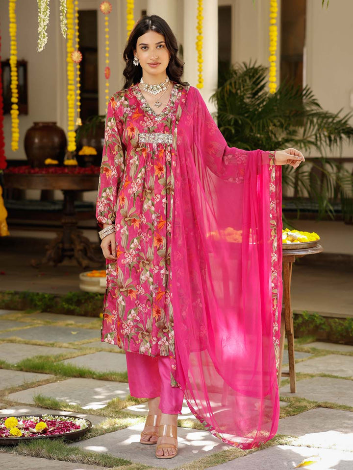 Floral Printed Cotton Kurta With Pants &amp; Dupatta