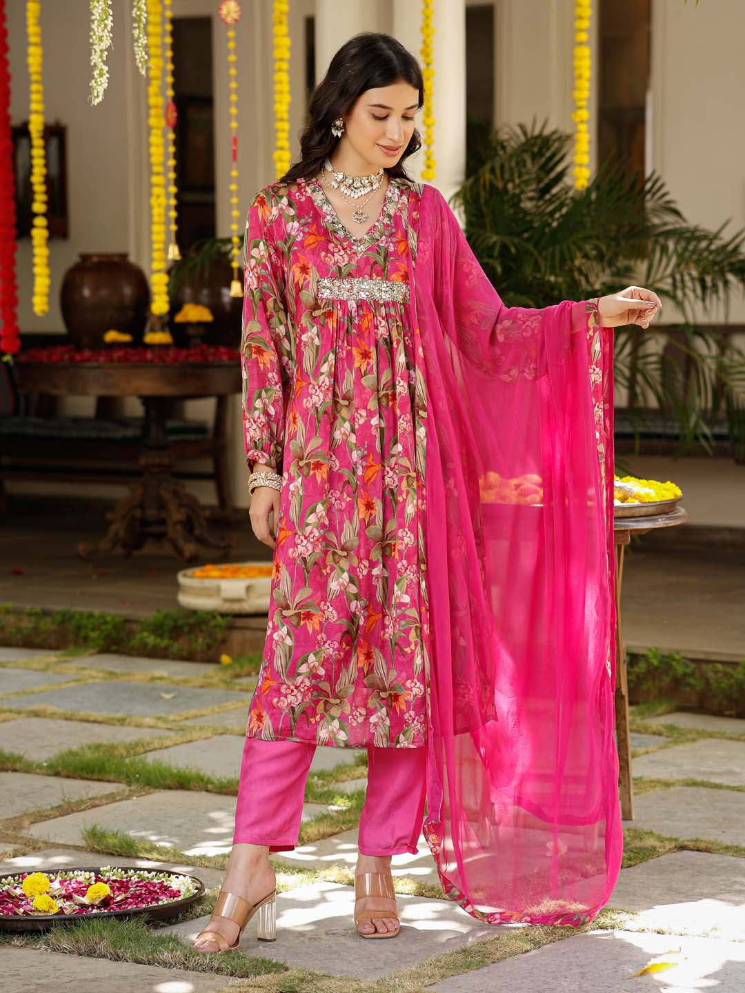Floral Printed Cotton Kurta With Pants &amp; Dupatta