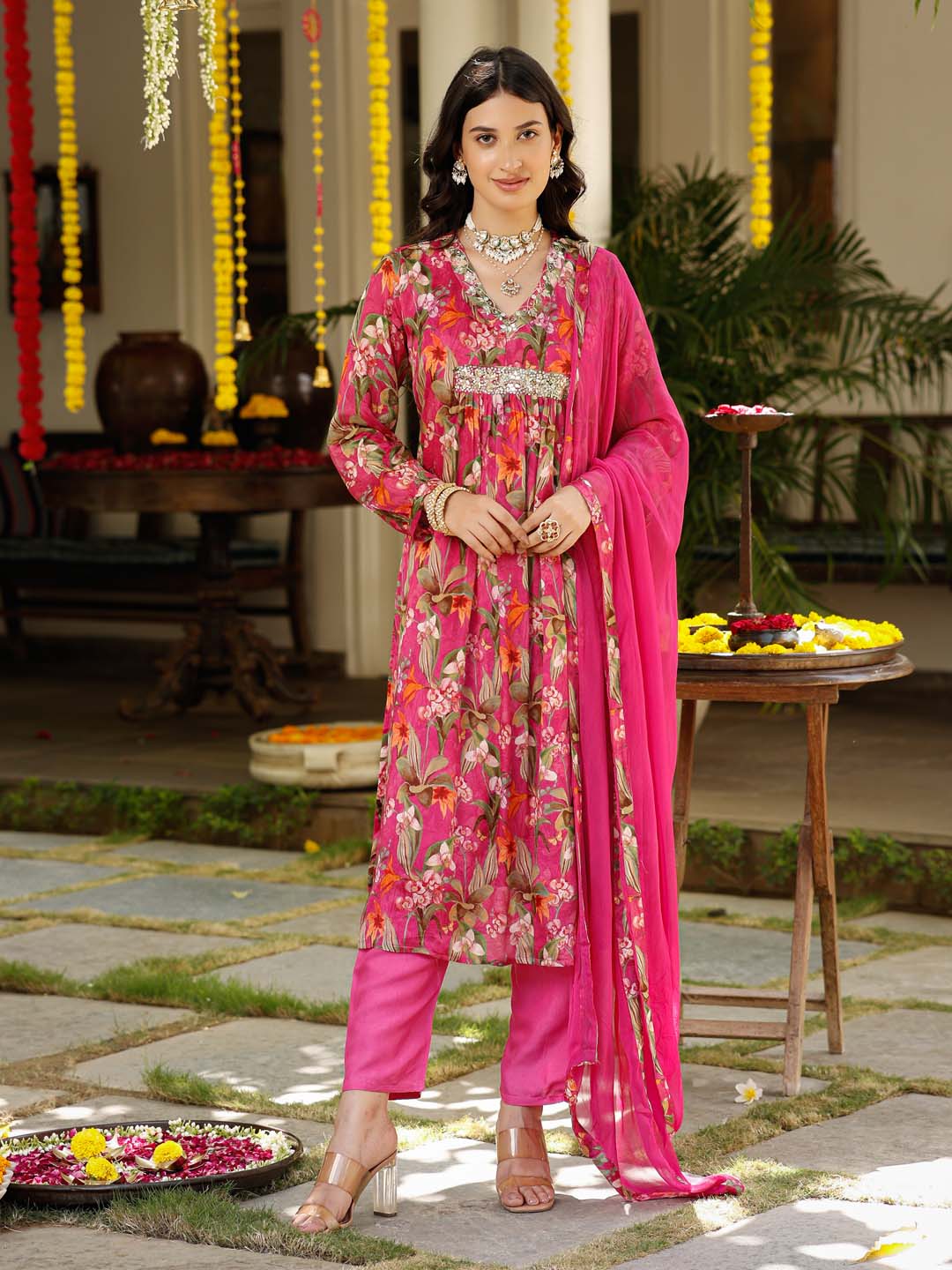 Floral Printed Cotton Kurta With Pants &amp; Dupatta