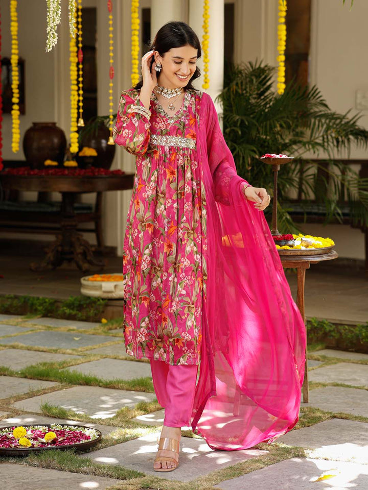Floral Printed Cotton Kurta With Pants &amp; Dupatta