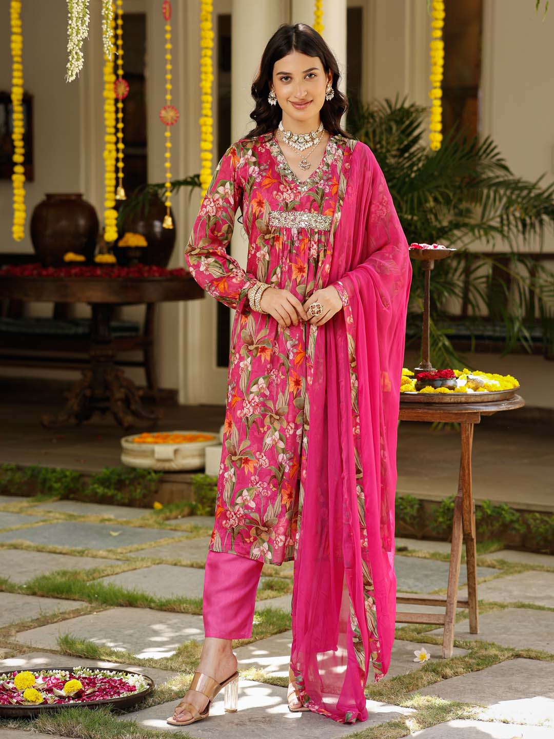 Floral Printed Cotton Kurta With Pants & Dupatta
