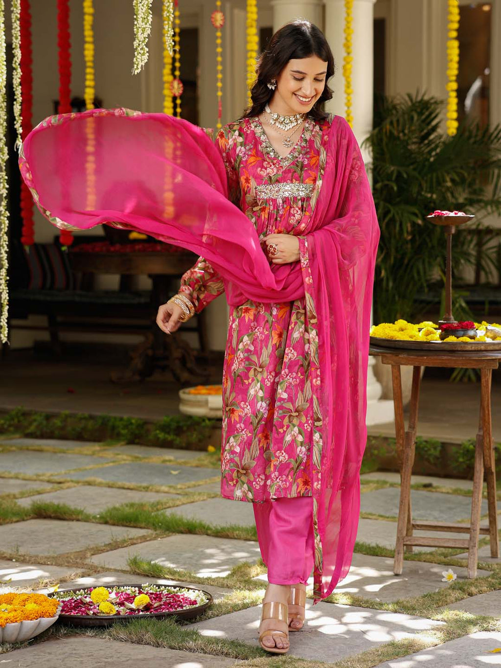 Floral Printed Cotton Kurta With Pants & Dupatta