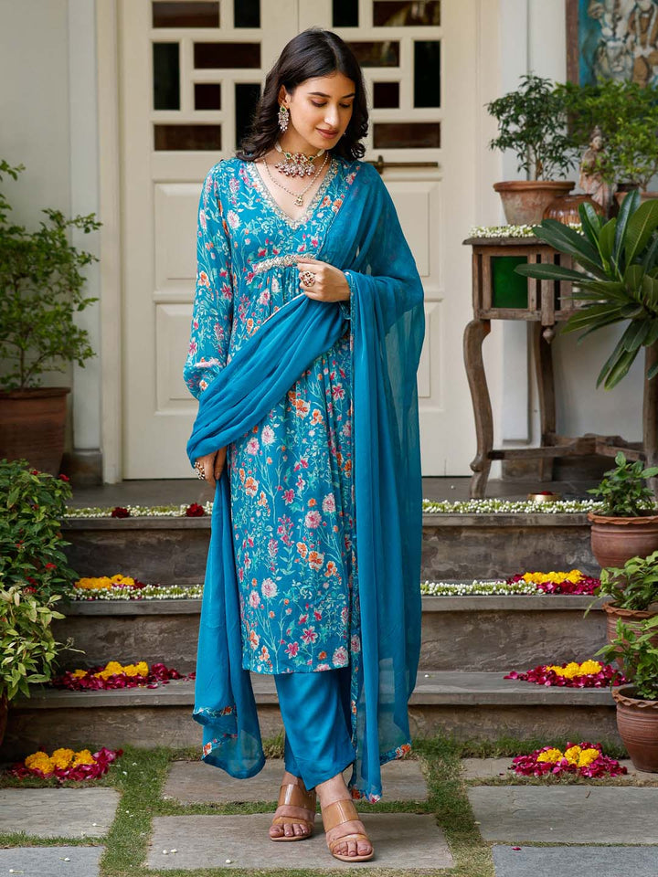 Floral Printed Cotton Kurta With Pants &amp; Dupatta