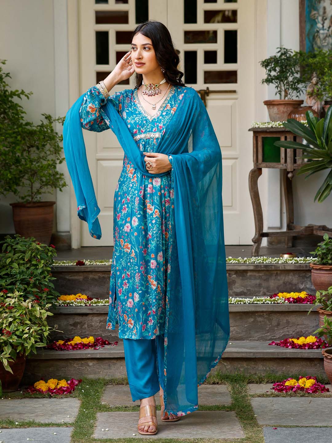 Floral Printed Cotton Kurta With Pants &amp; Dupatta