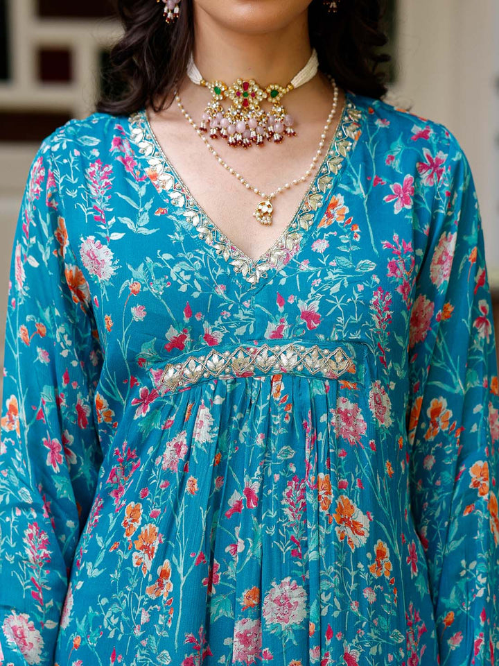 Floral Printed Cotton Kurta With Pants &amp; Dupatta