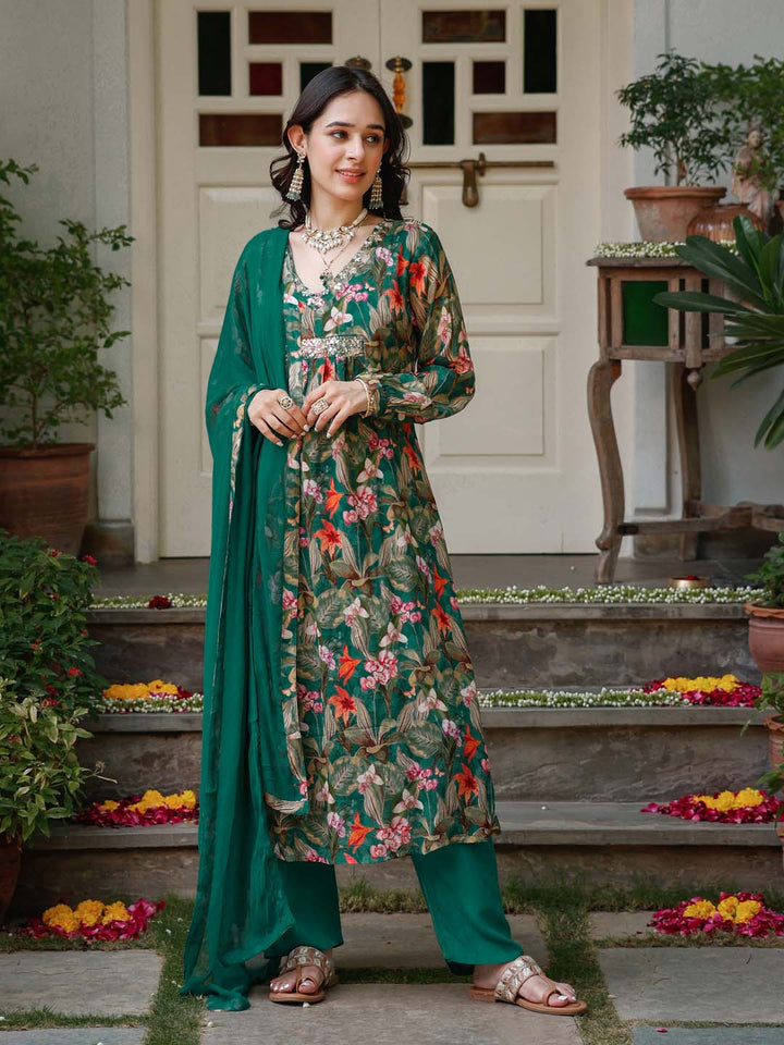 Floral Printed Cotton Kurta With Pants &amp; Dupatta
