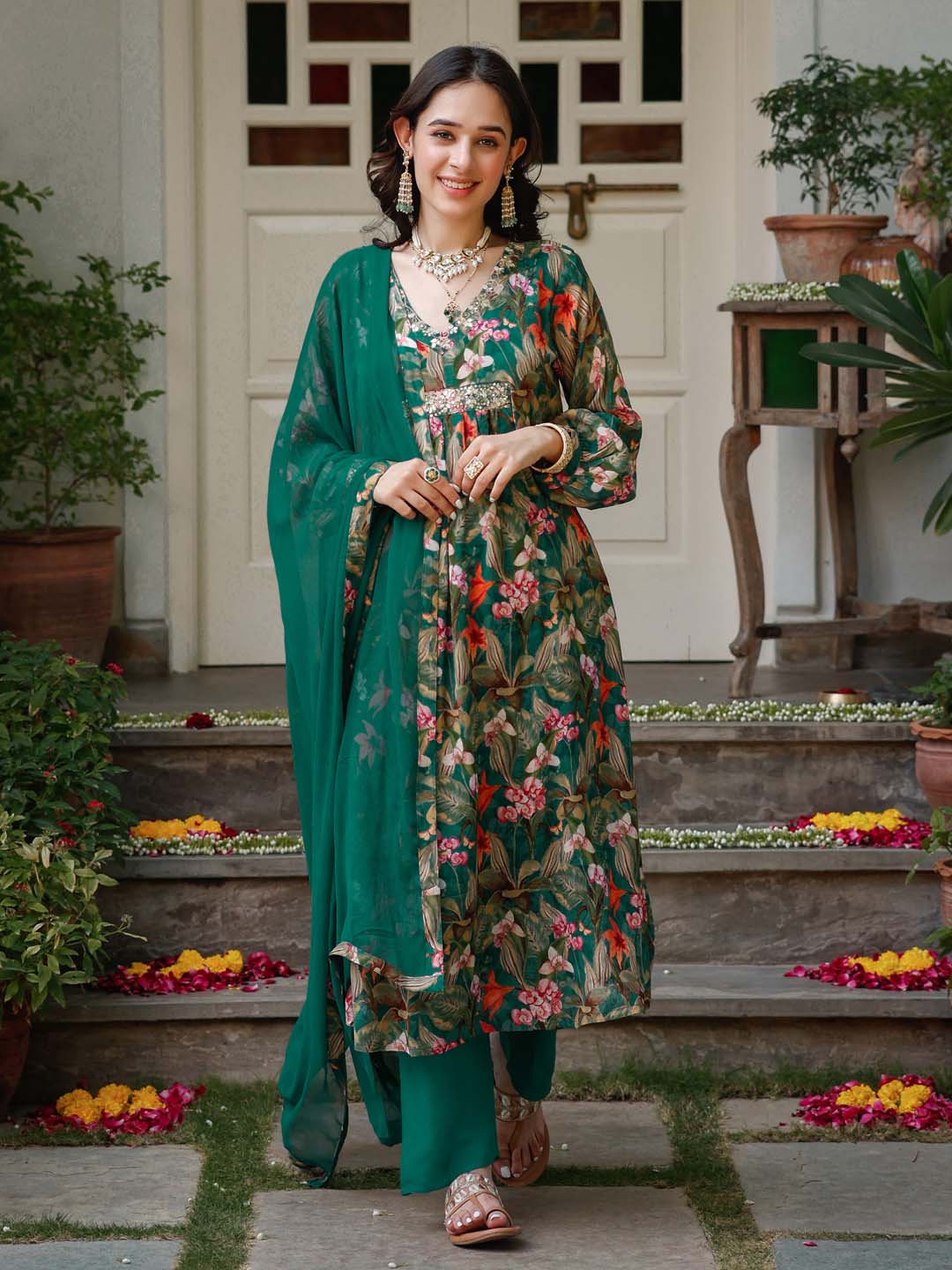 Floral Printed Cotton Kurta With Pants &amp; Dupatta