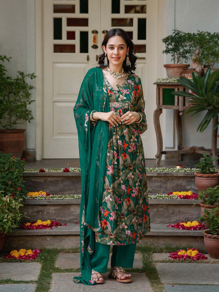 Floral Printed Cotton Kurta With Pants &amp; Dupatta
