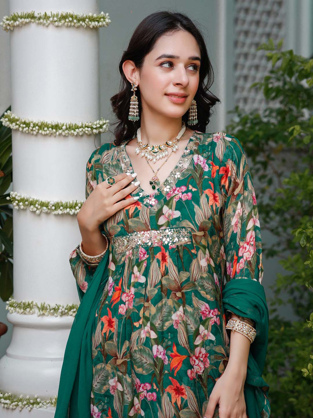 Floral Printed Cotton Kurta With Pants &amp; Dupatta