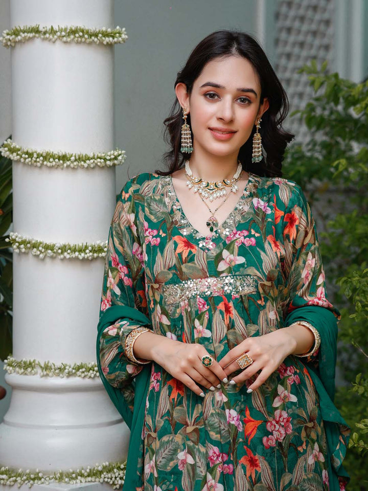 Floral Printed Cotton Kurta With Pants &amp; Dupatta