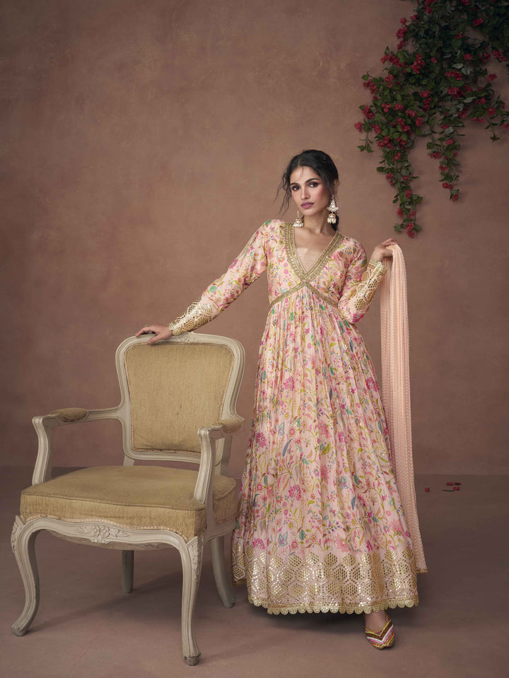 Floral Printed Organza Suit Set With Dupatta &amp; Churidar