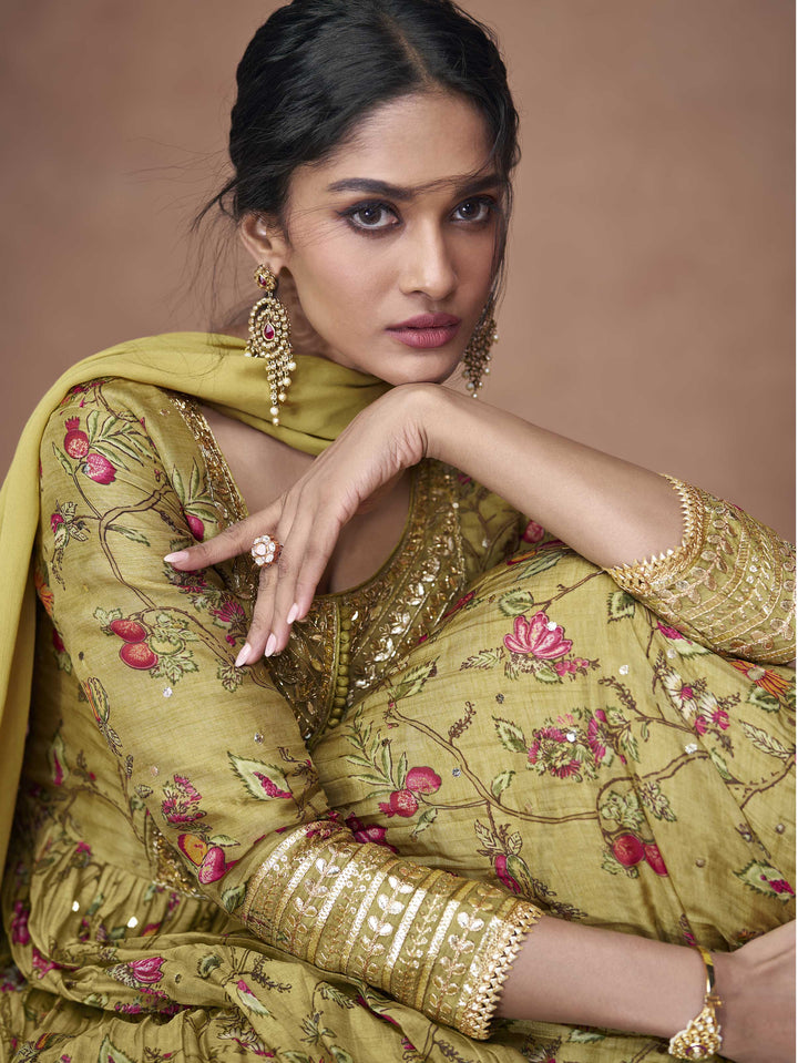 Floral Printed Organza Suit Set With Dupatta &amp; Churidar