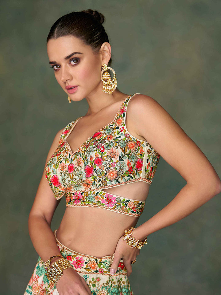Embroidered Art Slik Choli With Lehenga &amp; Dupatta