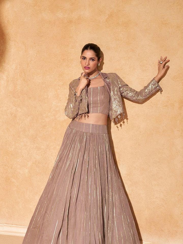 Woven Design Chinon Choli With Lehenga &amp; Jacket