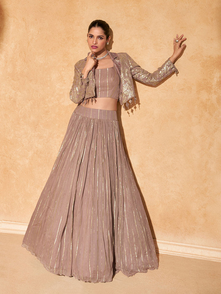 Woven Design Chinon Choli With Lehenga &amp; Jacket