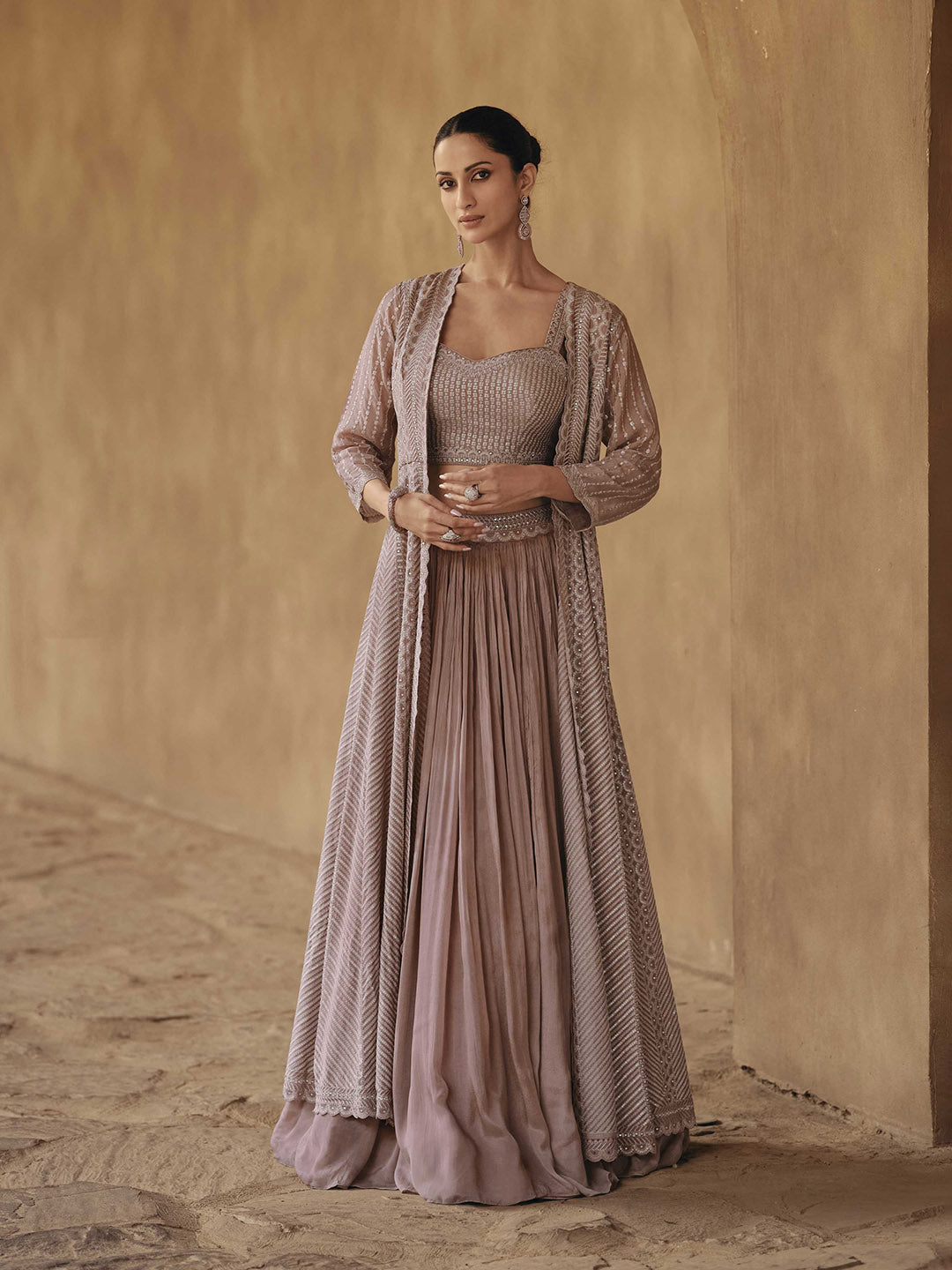 Embelished Chinon Top &amp; Skirt With Jacket