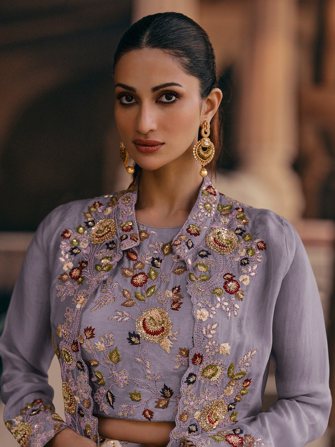 Embroidered Gerogette Choli &amp; Lehenga With Jacket