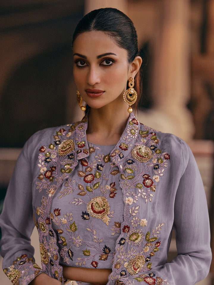 Embroidered Gerogette Choli &amp; Lehenga With Jacket
