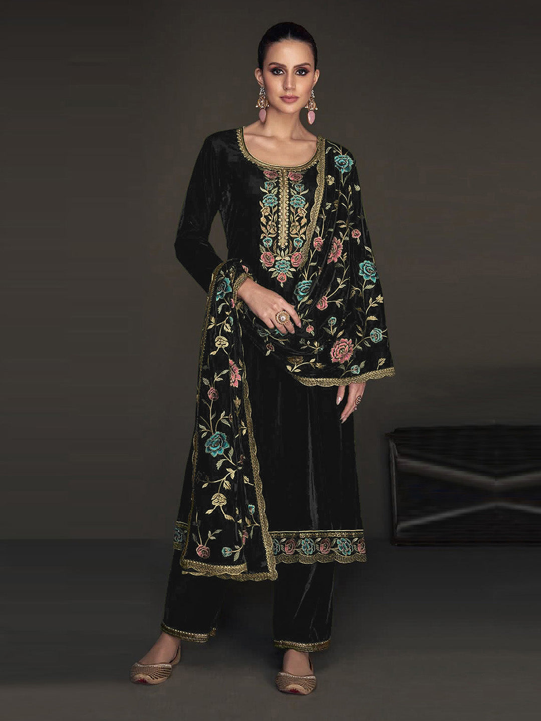 Printed Velvet Semi Stitched Suit