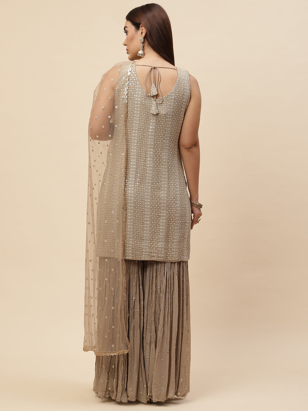 Embroidered Georgette Kurta With Garara &amp; Net Dupatta