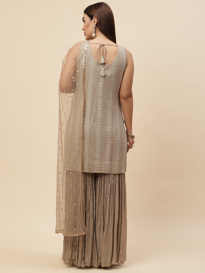 Embroidered Georgette Kurta With Garara &amp; Net Dupatta