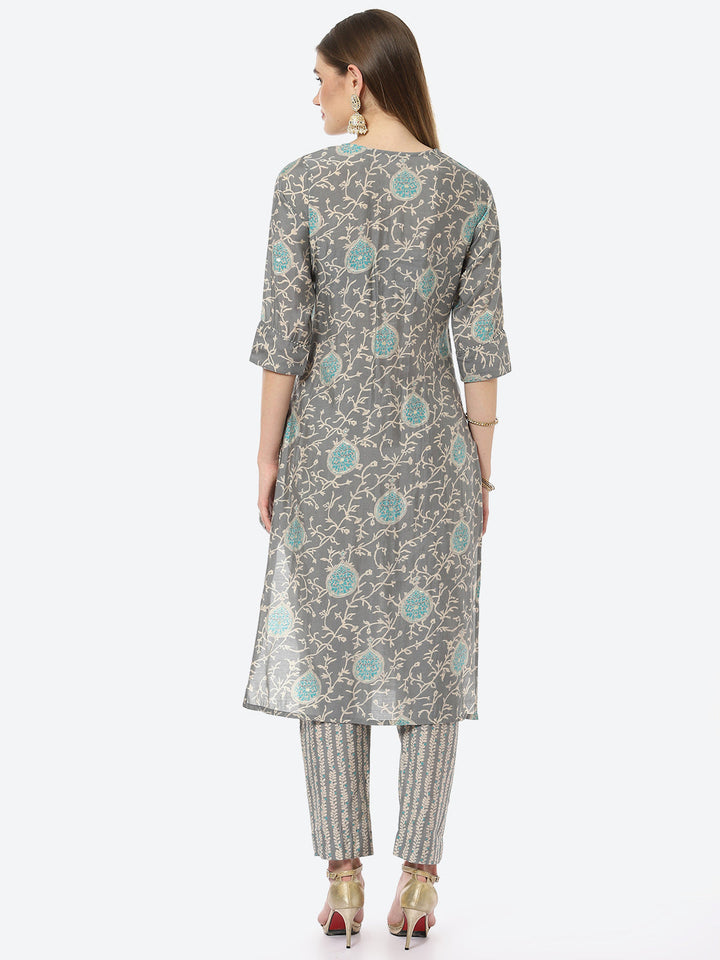 Resham Zari Neck Embroidered Printed Chanderi Kurta With Pant