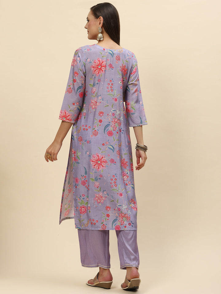 Neck Patti &amp; Floral Printed Muslin Kurta With Pants