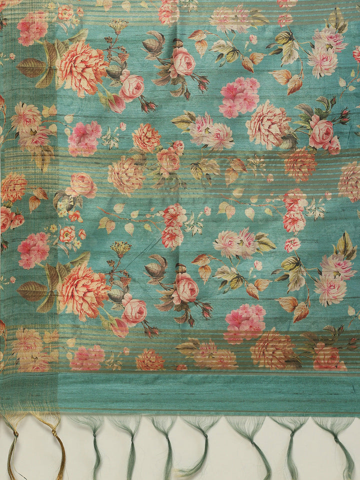 Digital Floral Zari Border Tussar Saree