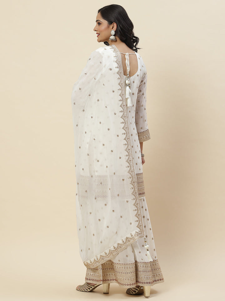 Zari Embroidered Georgette Kurti With Sharara &amp; Dupatta