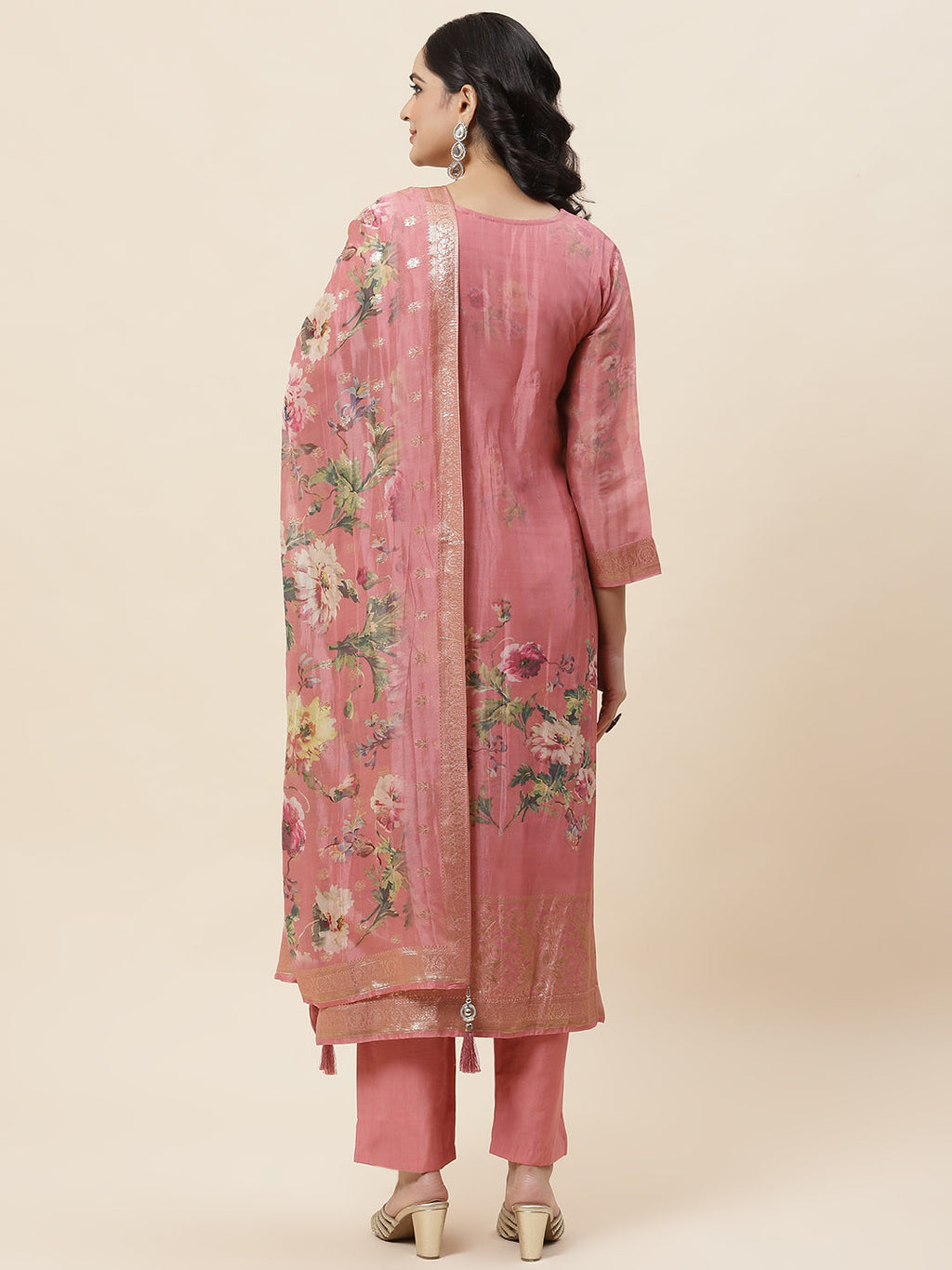 Floral Printed Organza Kurta With Pants & Dupatta