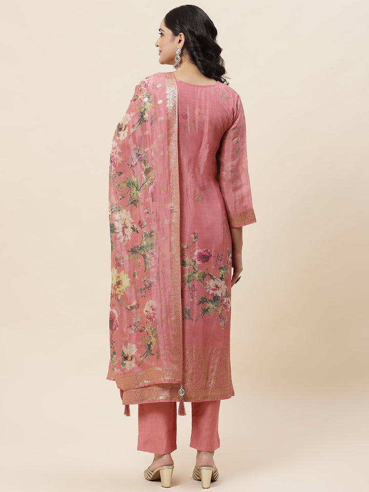 Floral Printed Organza Kurta With Pants &amp; Dupatta